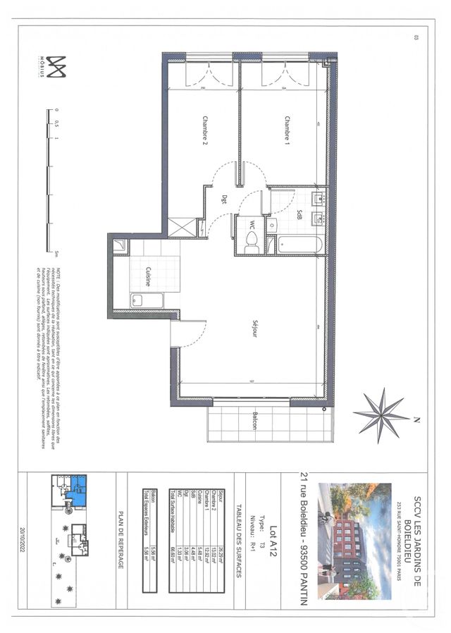 Appartement F3 à vendre - 3 pièces - 66,60 m2 - Pantin - 93 - ILE-DE-FRANCE